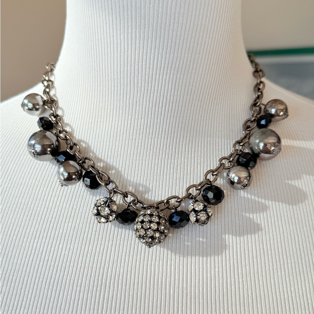 Vintage Chain Disco Ball Rhinestone Silver Tone Party Necklace